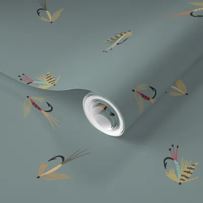 Spoonflower Pre-pasted Wallpaper Trout Fly Fishing Lures On Steel Blue 2' X 12' Removable In Multi