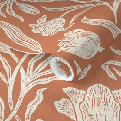 Spoonflower Pre-pasted Wallpaper Tulip Garden - Cottagecore Block Print Florals - Terracotta - Large 2' X 12' Re