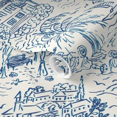 Spoonflower Pre-pasted Wallpaper Turkish Sea Side Toile De Jouy In Blue And Creme White 2' X 12' Removable