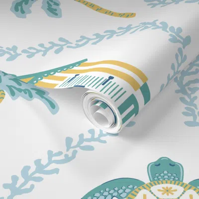 Spoonflower Pre-pasted Wallpaper Turtle And Beach Hut Trellis - Yellow And Blue On Pure White - Large  Removable