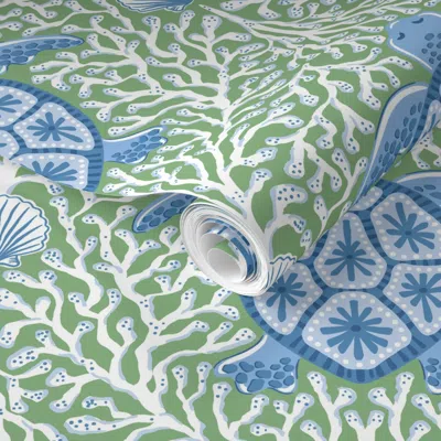 Spoonflower Pre-pasted Wallpaper Turtle And Coral - Blue On Green Background - Large 2' X 12' Removable
