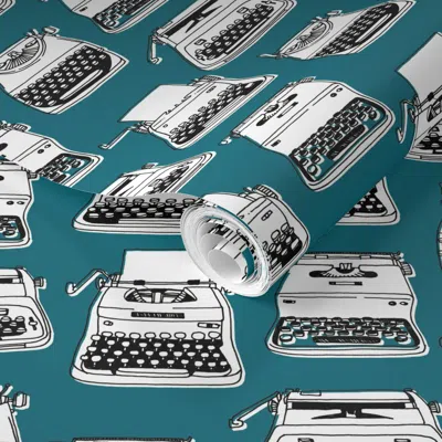 Spoonflower Pre-pasted Wallpaper Typewriters - Teal 2' X 12' Removable In Blue