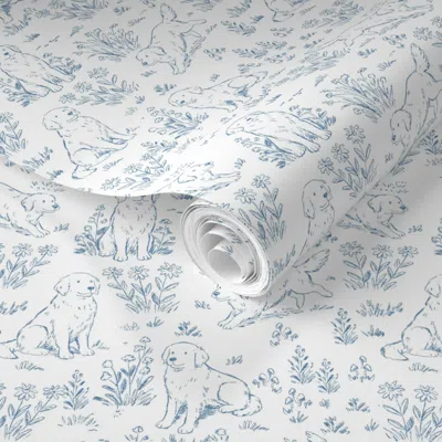 Spoonflower Pre-pasted Wallpaper Updated Country Golden Retriever - Light Blue Small  Removable In White