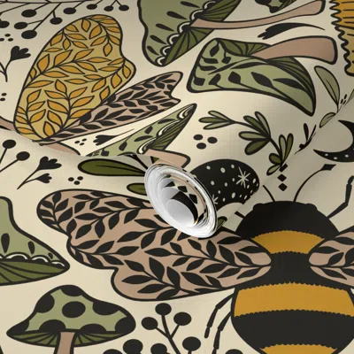 Spoonflower Pre-pasted Wallpaper Updated Large Scale Natural Habitat Of Bees And Moths Wild Grass And 2' X 12' R In Multi
