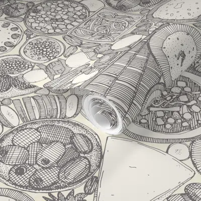 Spoonflower Pre-pasted Wallpaper Vegetarian Party Platter Vintage Gray 2' X 12' Removable