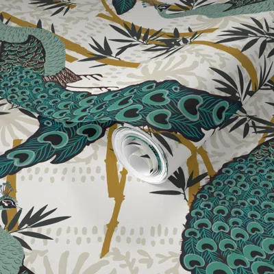 Spoonflower Pre-pasted Wallpaper Velvet Peacock Bright 2' X 12' Removable