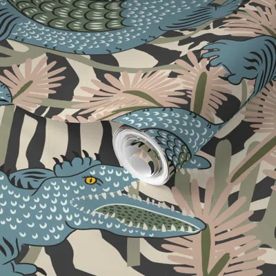 Spoonflower Pre-pasted Wallpaper Veranda Crocodile Garden 2' X 12' Removable