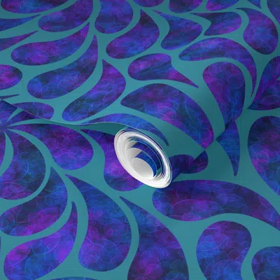 Spoonflower Pre-pasted Wallpaper Vibrant Droplet Swirls In Blue And Purple On Turquoise 2' X 12' Removable