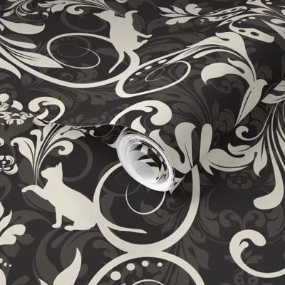 Spoonflower Pre-pasted Wallpaper Victorian Cat Damask 2' X 12' Removable In Brown