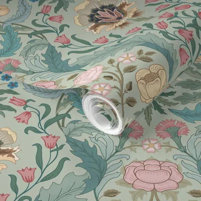 Spoonflower Pre-pasted Wallpaper Victorian Era Floral With Roses Carnations Forget Me Nots On Soft Green 2' X 12 In Blue