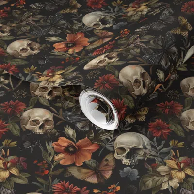 Spoonflower Pre-pasted Wallpaper Victorian Gothic Skulls And Flowers 2' X 12' Removable