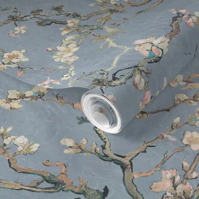Spoonflower Pre-pasted Wallpaper Vincent Van Gogh Almond Blossom In Pigeon Blue Sage Green Blush Pink 2' X 12' R
