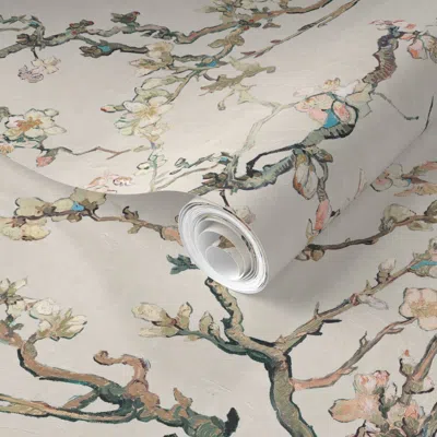 Spoonflower Pre-pasted Wallpaper Vincent Van Gogh Almond Blossom In Vintage White Sage Green Blush Pink 2' X 12' In Multi