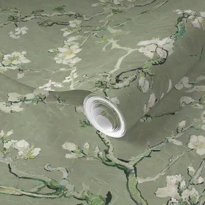 Spoonflower Pre-pasted Wallpaper Vincent Van Gogh Almond Blossom Sage Green 2' X 12' Removable