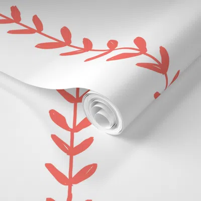 Spoonflower Pre-pasted Wallpaper Vine Coral Vine Vines Simple Coordinate  Coral Pantone White 2' X 12