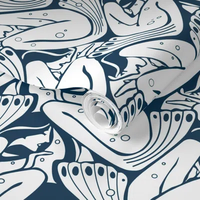 Spoonflower Pre-pasted Wallpaper Vintage Art Deco Austrian Moser Mermaids In Water Navy 2' X 12' Removable