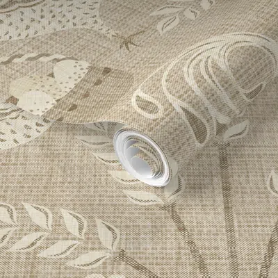 Spoonflower Pre-pasted Wallpaper Vintage Chickens On Linen Neutral 2' X 12' Removable In Sand