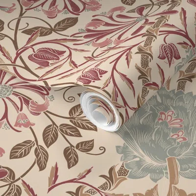 Spoonflower Pre-pasted Wallpaper Vintage Cream & Clay // William Morris Honeysuckle Arts And Crafts Movement 2' 