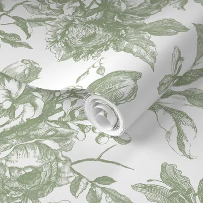 Spoonflower Pre-pasted Wallpaper Vintage English Chintz Roses With Elegant Country Florals Green  Removable