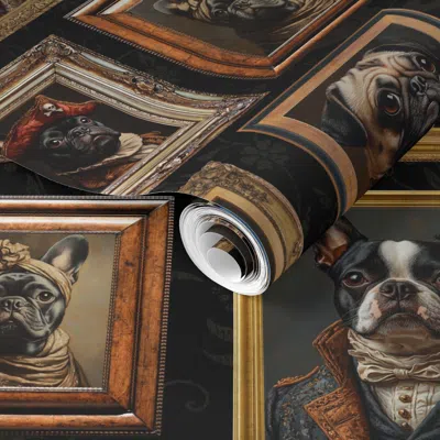 Spoonflower Pre-pasted Wallpaper Vintage Famous Bulldog Dogs In Gold-framed Museum Portraits-black 2' X 12' Remo