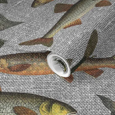 Spoonflower Pre-pasted Wallpaper Vintage Fish On Grey Linen - Large Scale  Removable