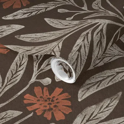 Spoonflower Pre-pasted Wallpaper Vintage Floral Daisy Print Dark Brown And Red 2' X 12' Removable