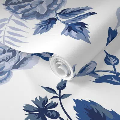 Spoonflower Pre-pasted Wallpaper Vintage Grandmillennial Chintz Roses Cornflower Blue White French Country 2' X 