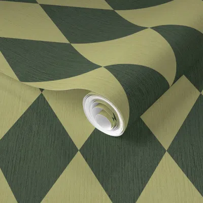 Spoonflower Pre-pasted Wallpaper Vintage Harlequin Diamond Midcentury Jester Carnival Olive Forest Green L 2' X 