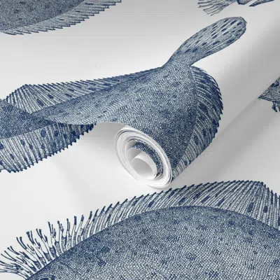Spoonflower Pre-pasted Wallpaper Vintage Illustration Flounder Fish- White And Blue 2' X 12' Removable