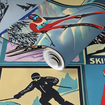 Spoonflower Pre-pasted Wallpaper Vintage Men Ski Collage 2' X 12' Removable