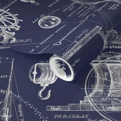 Spoonflower Pre-pasted Wallpaper Vintage Nautical Boat Illustrations - Blue 2' X 12' Removable
