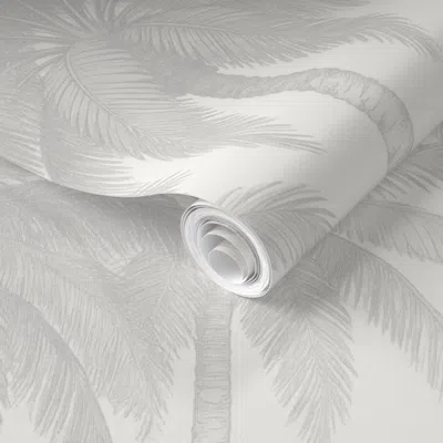 Spoonflower Pre-pasted Wallpaper Vintage Palm Grove - Silver Mist On Soft White - Large Scale 2' X 12' Removable In Gray
