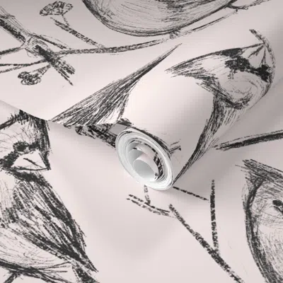 Spoonflower Pre-pasted Wallpaper Vintage Red Cardinal Birds On Trees And Branches &winter Birds Black &white 2' 