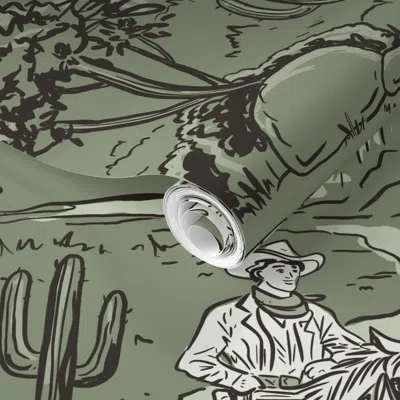 Spoonflower Pre-pasted Wallpaper Vintage Retro Western Cowboy Toile Western  Sage Large Scale 2' X 12' Removable