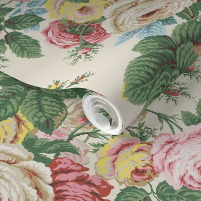Spoonflower Pre-pasted Wallpaper Vintage Roses On Tan 2' X 12' Removable