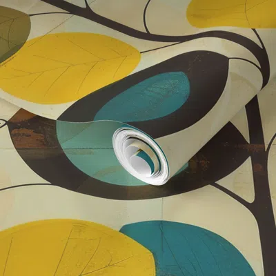 Spoonflower Pre-pasted Wallpaper Vintage Scandinavian Mid-century Leaves On Ivory 2' X 12' Removable