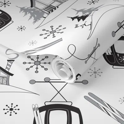 Spoonflower Pre-pasted Wallpaper Vintage Ski Gondolas (monochrome) 2' X 12' Removable In Gray
