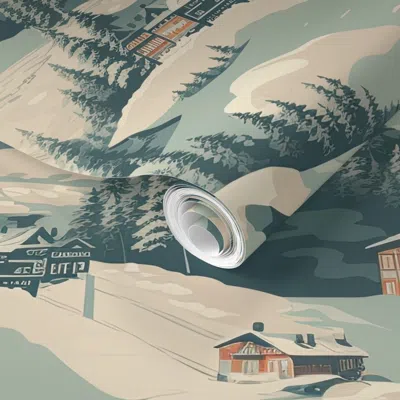 Spoonflower Pre-pasted Wallpaper Vintage Ski Slope Blue 2' X 12' Removable