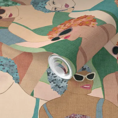 Spoonflower Pre-pasted Wallpaper Vintage Swimmers Green Solid - M - 7 2' X 12' Removable