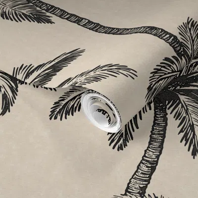 Spoonflower Pre-pasted Wallpaper Vintage Tropical Palm Tree Pattern - Black And Tan Coastal Decor 2' X 12' Remov