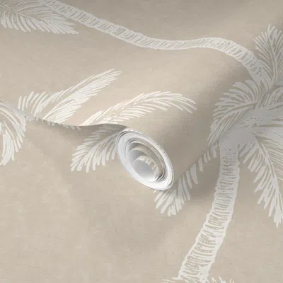 Spoonflower Pre-pasted Wallpaper Vintage Tropical Palm Tree Pattern - White And Tan Decor 2' X 12' Removable