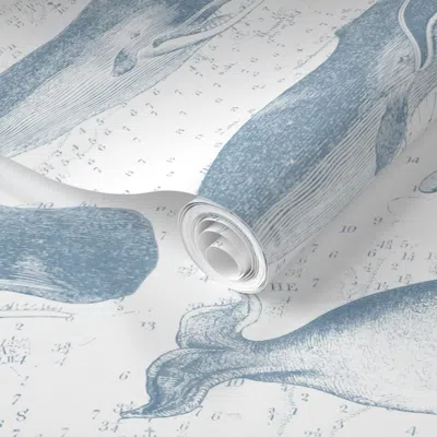 Spoonflower Pre-pasted Wallpaper Vintage Whale Illustrations - White And Blue 2' X 12' Removable