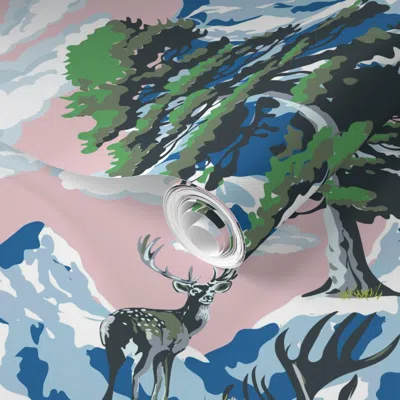 Spoonflower Pre-pasted Wallpaper Vintage Wild Deer Park In Mountain River Crossing Evergreen Trees Green 2' X 12