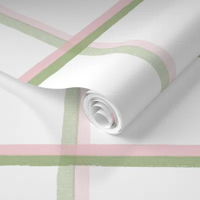 Spoonflower Pre-pasted Wallpaper Vintage Window Pane Plaid Pink And Green Copy 2' X 12' Removable