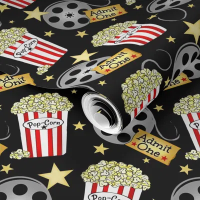 Spoonflower Pre-pasted Wallpaper Vip Movie Night / Theater Pop-corn Lg./xlg. Starry Back On Black 2' X 12' Remov