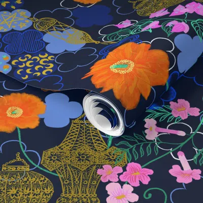 Spoonflower Pre-pasted Wallpaper Visit Morocco - Tour Marrakesh (navy)  Removable In Multi