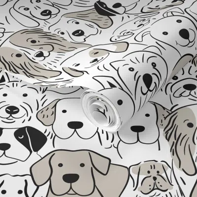 Spoonflower Pre-pasted Wallpaper Waggin Tails - Black/gray On White -12" Repeat  Removable
