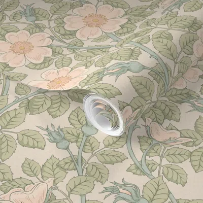 Spoonflower Pre-pasted Wallpaper Warm Farmhouse Brier Bush Dog Rose Trailing Floral - Peach (med) 2' X 12' Remov