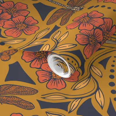 Spoonflower Pre-pasted Wallpaper Warm Mustard Yellow & Orange Crow & Dragonfly Floral 2' X 12' Removable