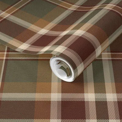 Spoonflower Pre-pasted Wallpaper Warm Olive And Rust Plaid In Twill Weave Style For Fall Menswear / Medium 2' X 